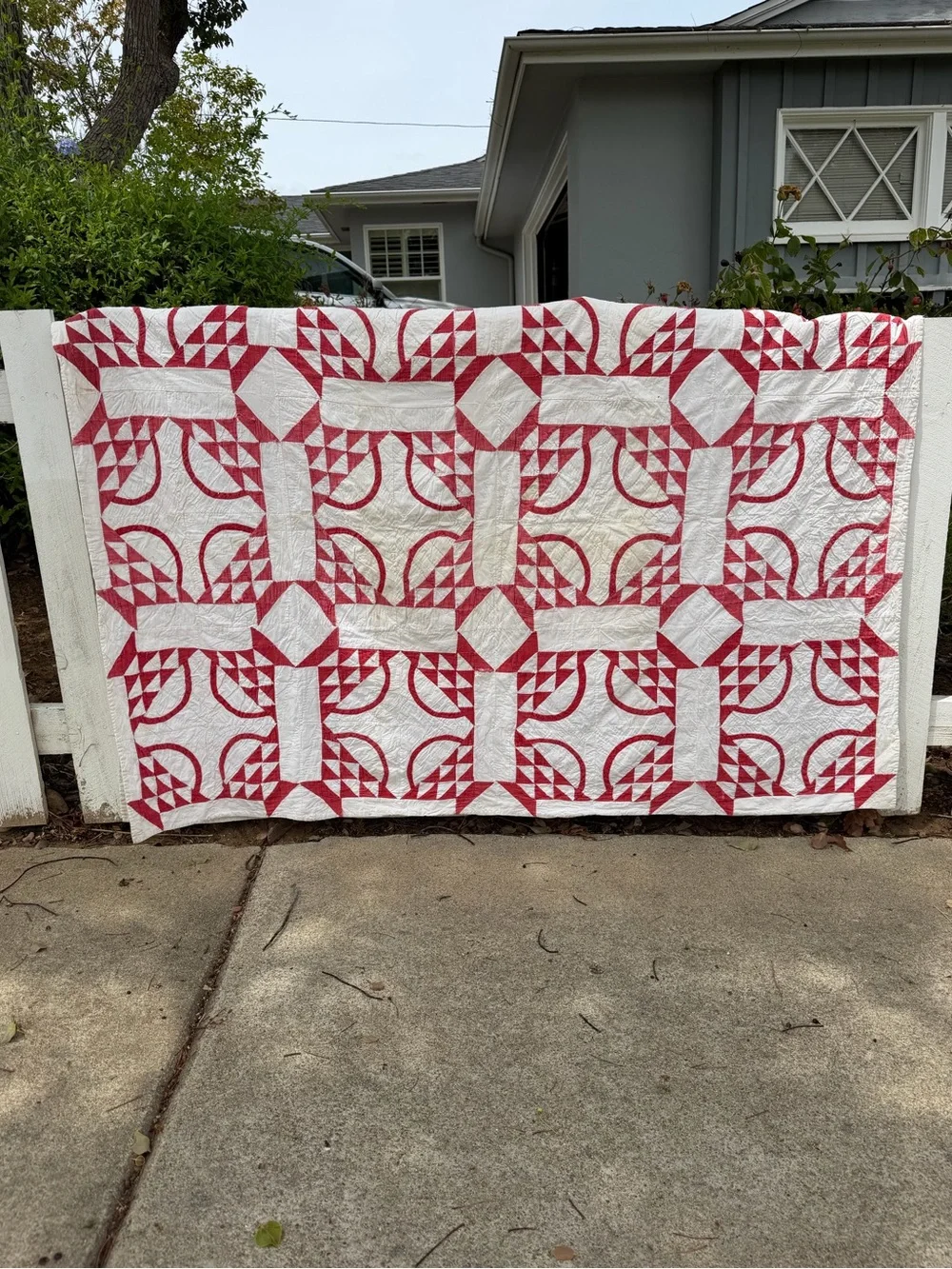 Vintage Pickle Dish Quilt Hand Stitched Red White Gauzy Cotton Thin 57x89 READ